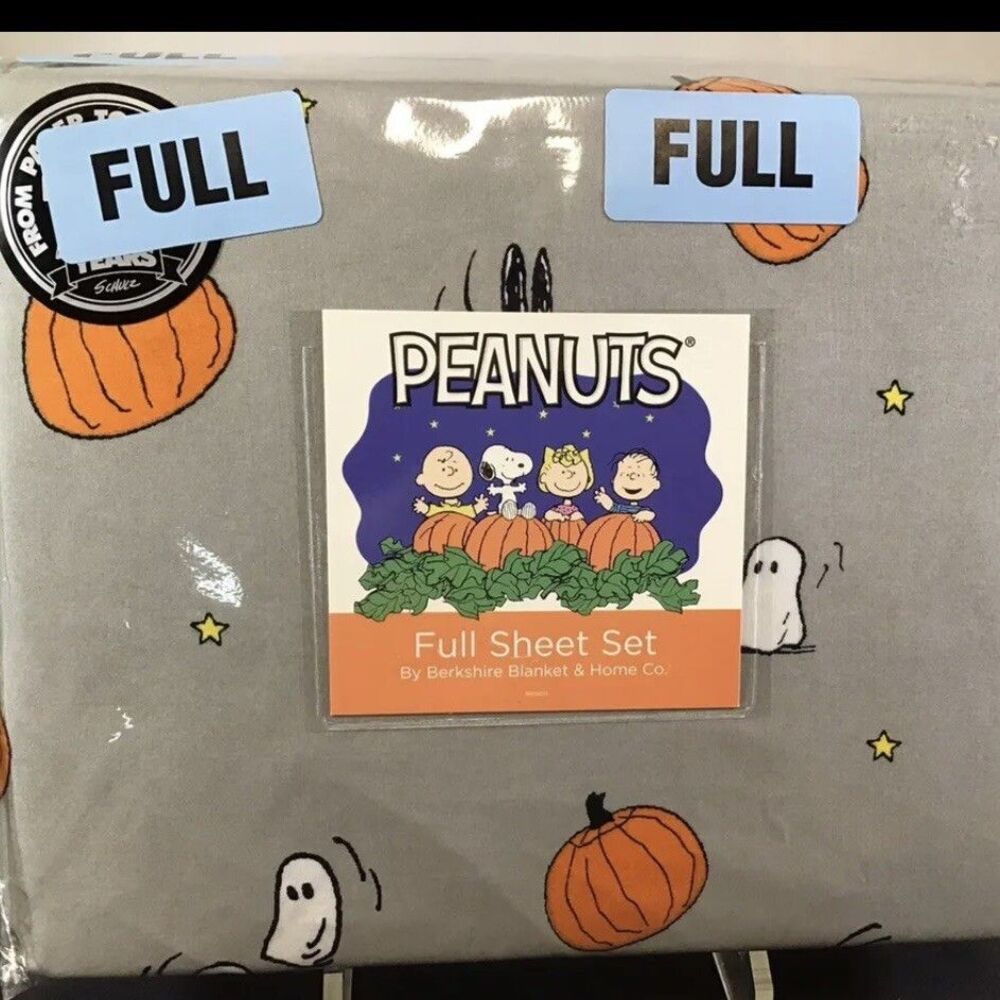 PEANUTS Snoopy Halloween Gray Full Size Sheet Set Berkshire Ghosts Pumpkin NWT